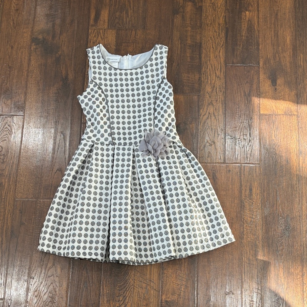 Bonnie Jean Gray Polka Dot Fit-and-Flare Dress with Floral Accent